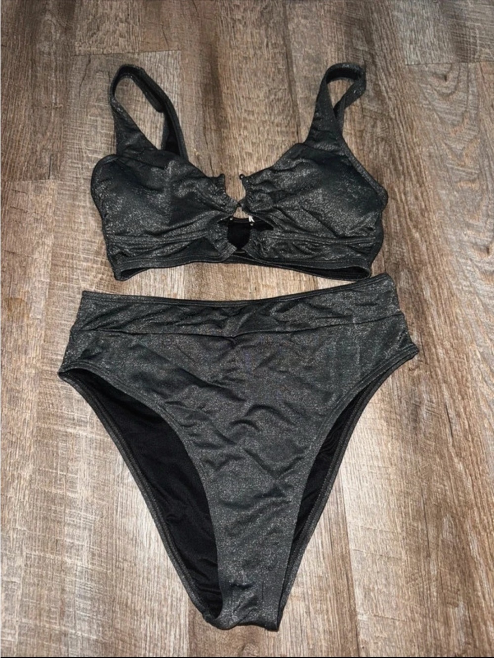 Cupshe Black Shimmer Keyhole High-Waist Bikini